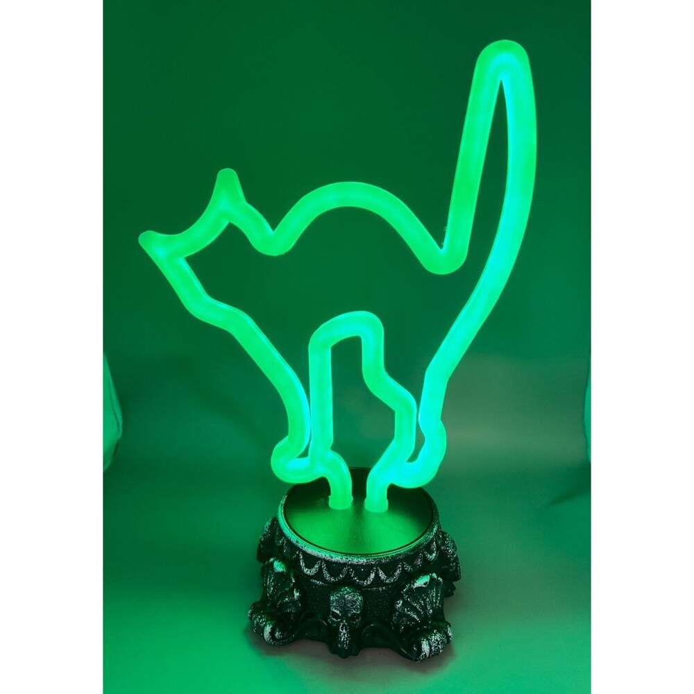 Halloween Spooky Cat Neon Lamp Desk Light Green Battery Operated Party Decor EUC
